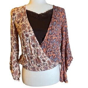 Willow Root wrap style deep V boho‎ bell sleeve blouse XS
